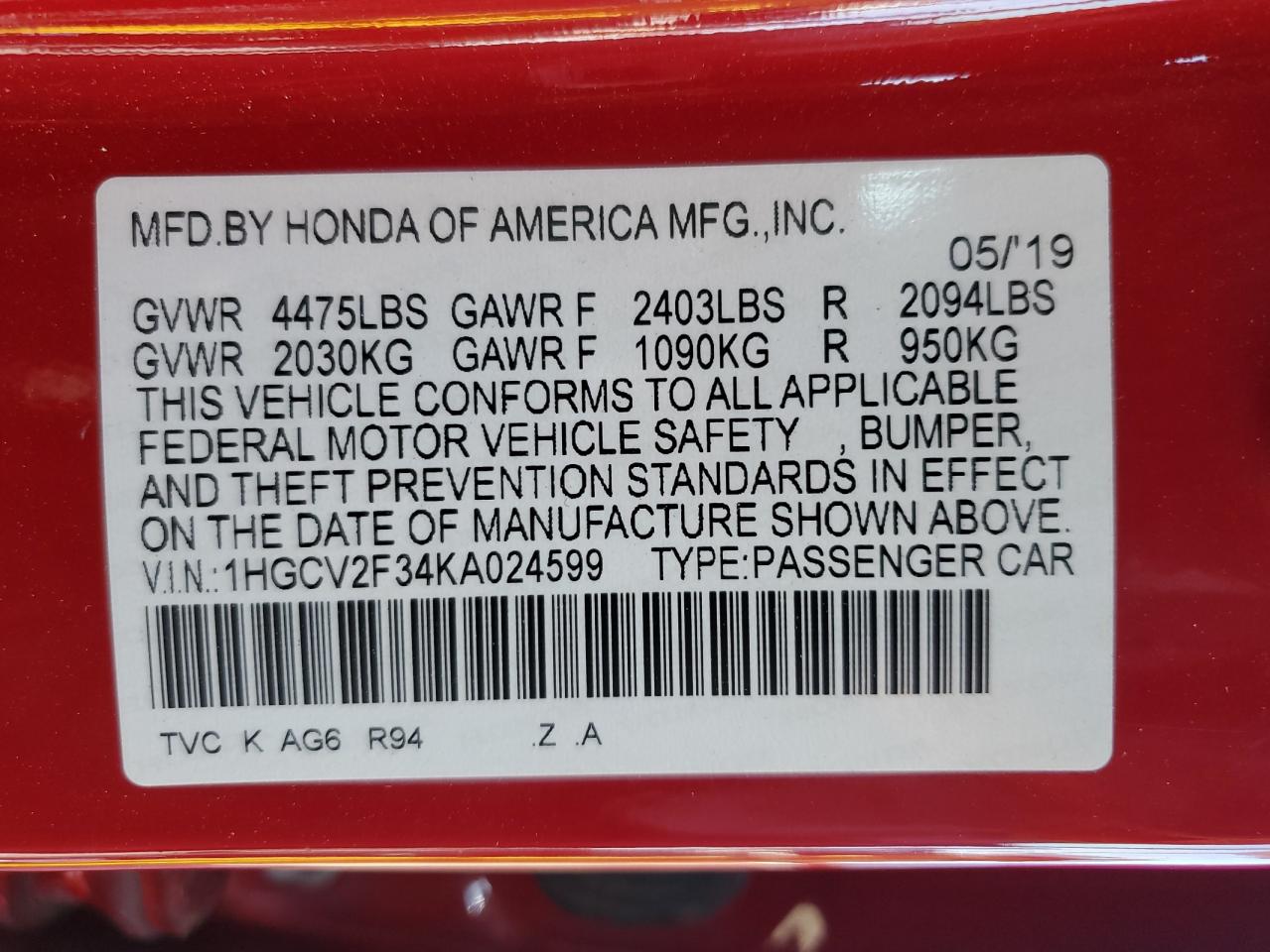 2019 Honda Accord Sport VIN: 1HGCV2F34KA024599 Lot: 84774285