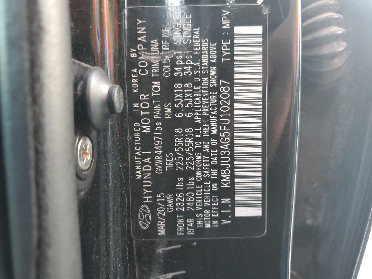 2015 Hyundai Tucson Limited VIN: KM8JU3AG5FU102087 Lot: 86214075