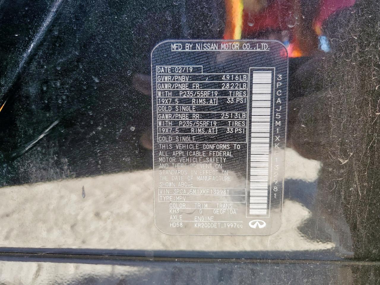 2019 Infiniti Qx50 Essential VIN: 3PCAJ5M1XKF132981 Lot: 85913195