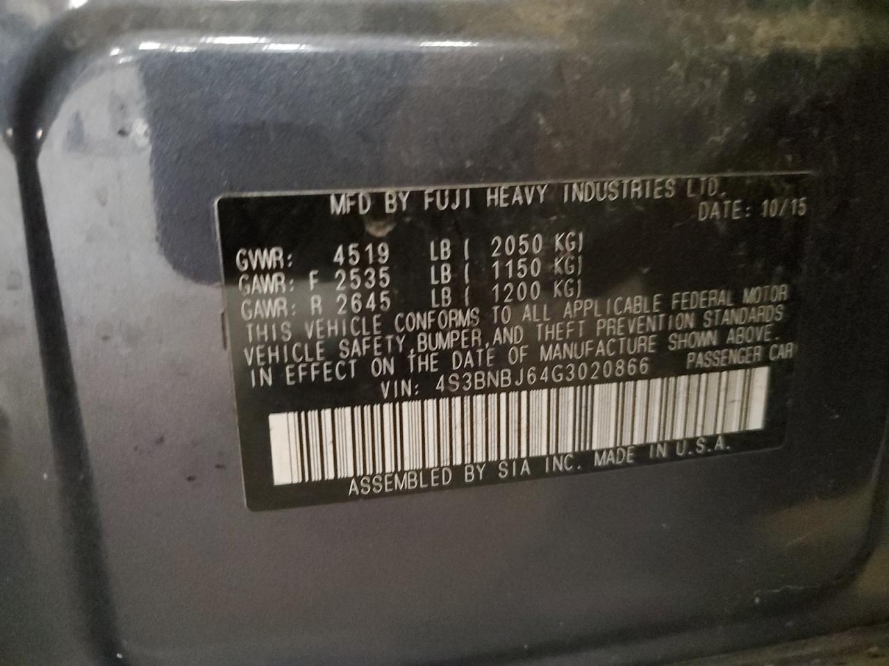 2016 Subaru Legacy 2.5I Limited VIN: 4S3BNBJ64G3020866 Lot: 86076785
