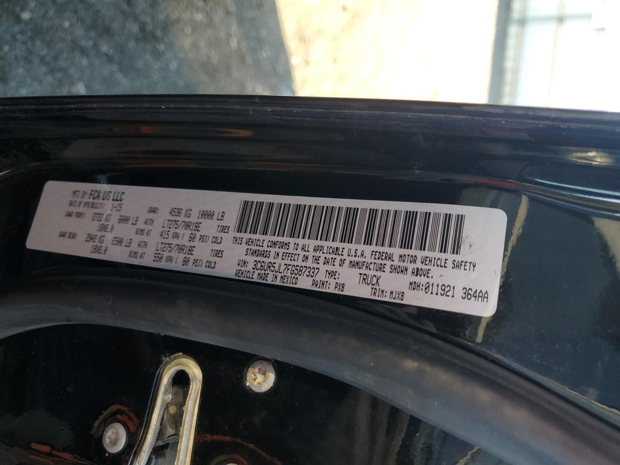 2015 Ram 2500 Slt VIN: 3C6UR5JL7FG587337 Lot: 85865605