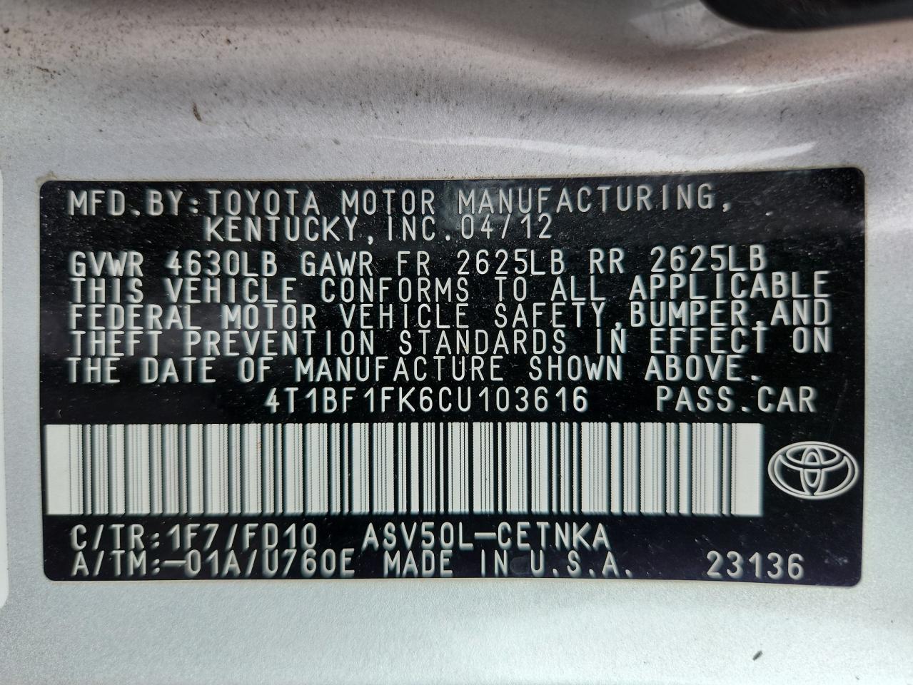 2012 Toyota Camry Base VIN: 4T1BF1FK6CU103616 Lot: 84901765