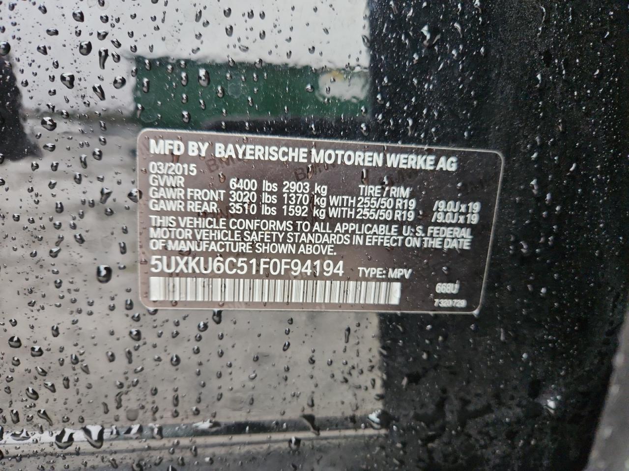 2015 BMW X6 xDrive50I VIN: 5UXKU6C51F0F94194 Lot: 81242405