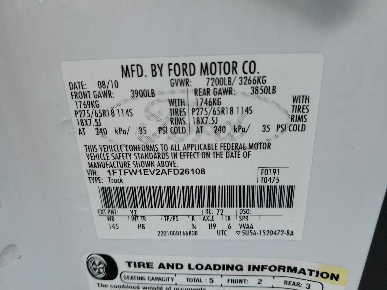 2010 Ford F150 Supercrew VIN: 1FTFW1EV2AFD26108 Lot: 86162715
