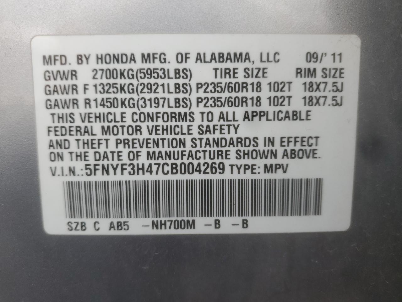 2012 Honda Pilot Ex VIN: 5FNYF3H47CB004269 Lot: 85000775