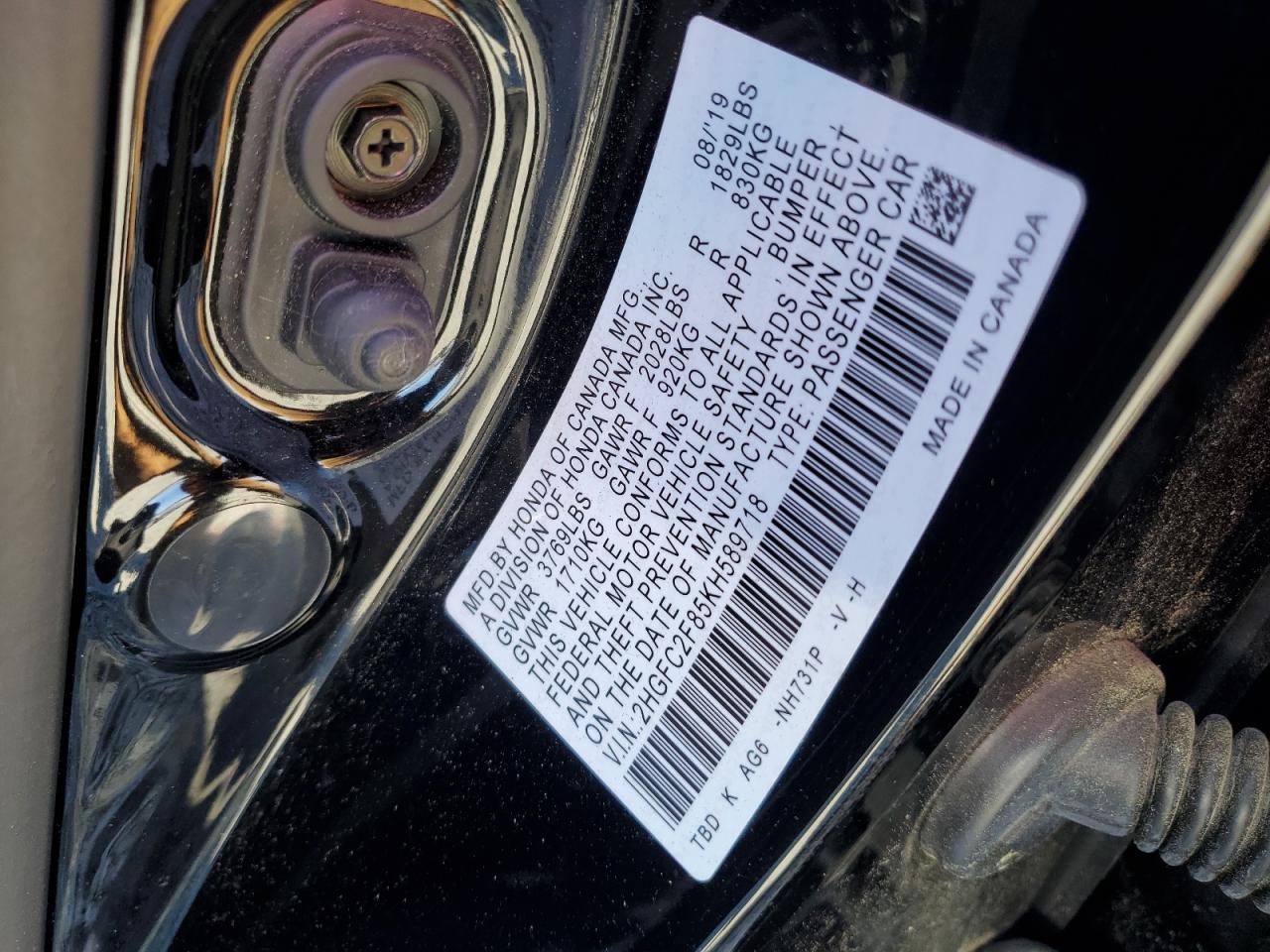 2019 Honda Civic Sport VIN: 2HGFC2F85KH589718 Lot: 81908105