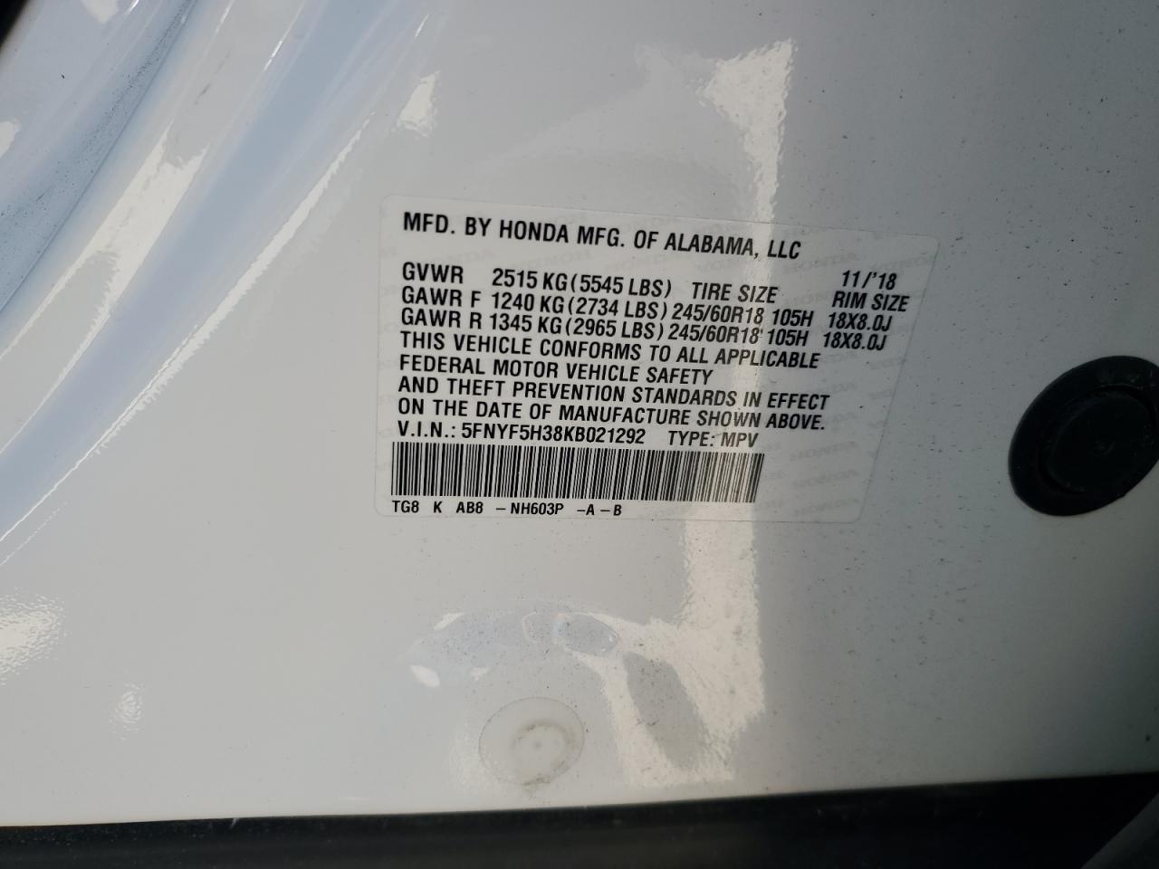 2019 Honda Pilot Ex VIN: 5FNYF5H38KB021292 Lot: 87025845