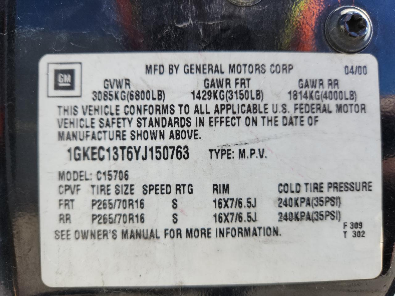 2000 GMC Yukon VIN: 1GKEC13T6YJ150763 Lot: 85192925