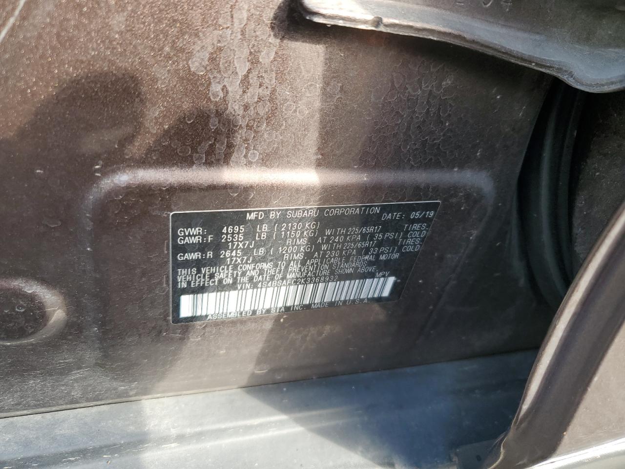 2019 Subaru Outback 2.5I Premium VIN: 4S4BSAFC2K3368932 Lot: 82261245