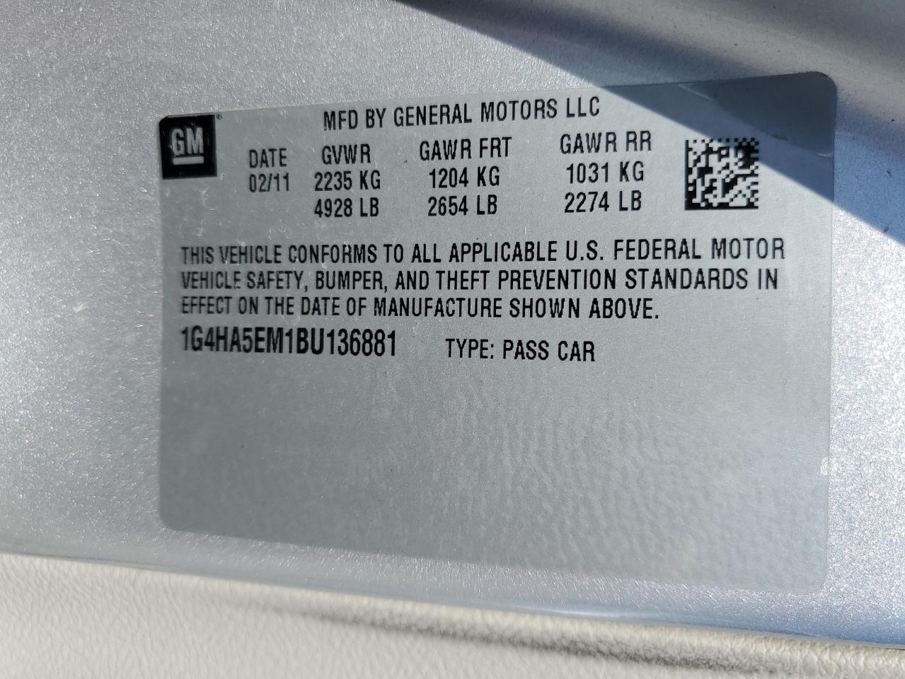 2011 Buick Lucerne Cx VIN: 1G4HA5EM1BU136881 Lot: 85686185