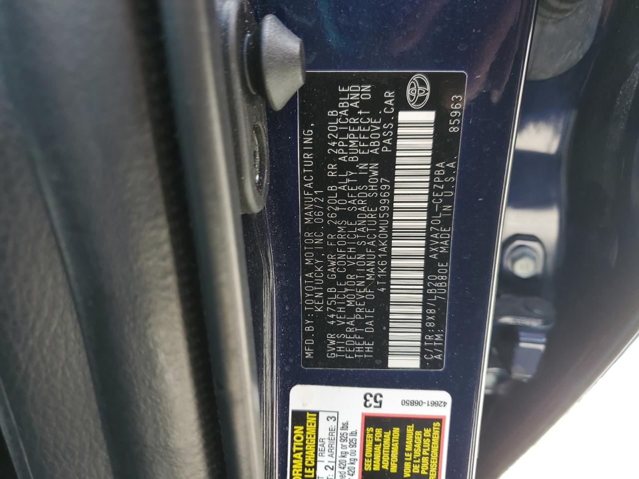 2021 Toyota Camry Xse VIN: 4T1K61AK0MU599697 Lot: 85593515