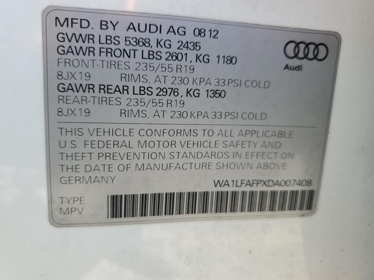 2013 Audi Q5 Premium Plus VIN: WA1LFAFPXDA007408 Lot: 87125425