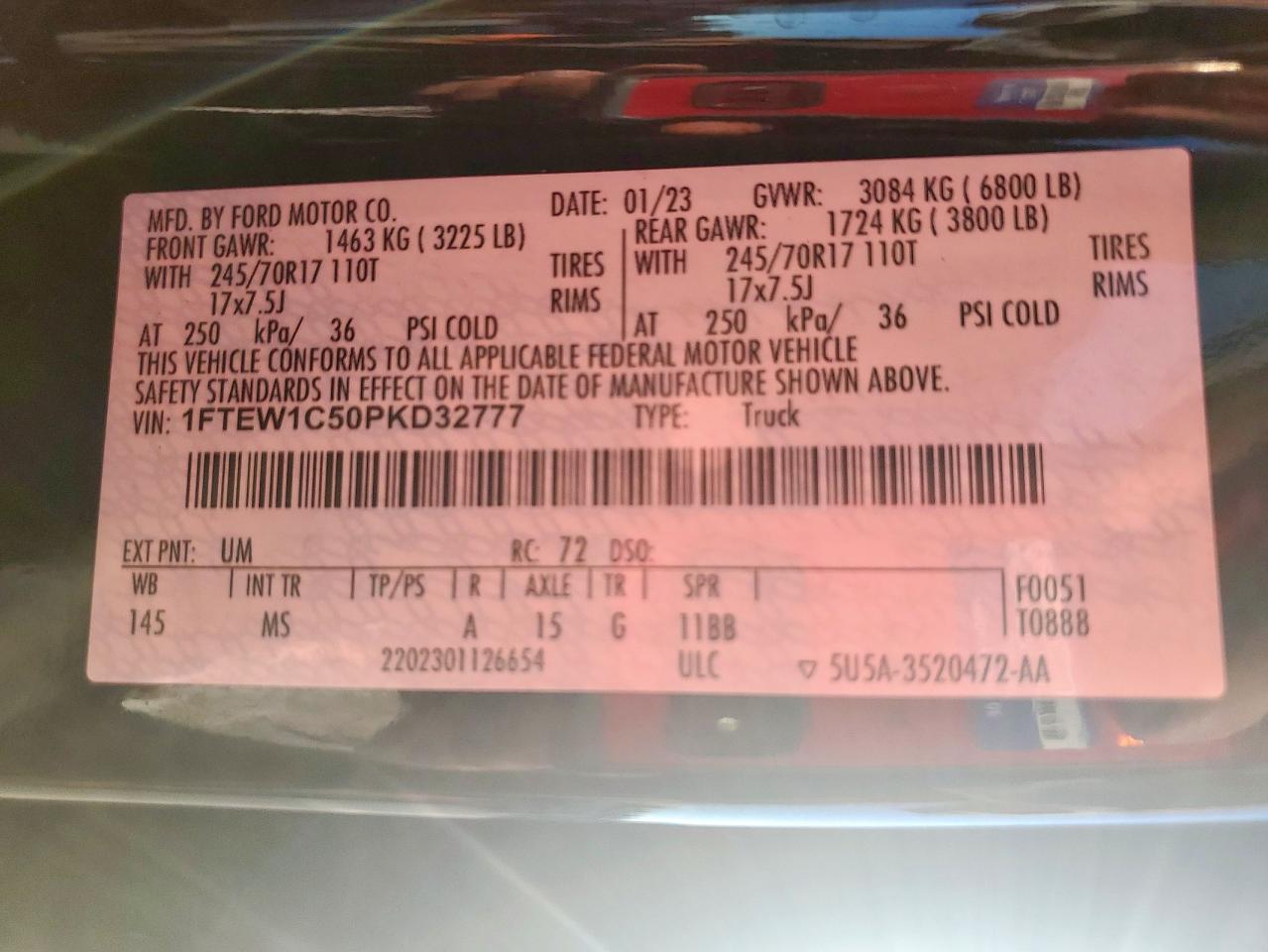 2023 Ford F150 Supercrew VIN: 1FTEW1C50PKD32777 Lot: 85351655