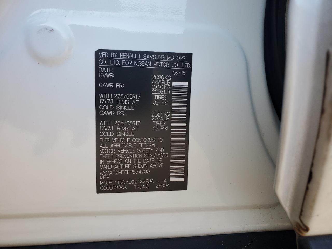 2015 Nissan Rogue S VIN: KNMAT2MT6FP574730 Lot: 85826665