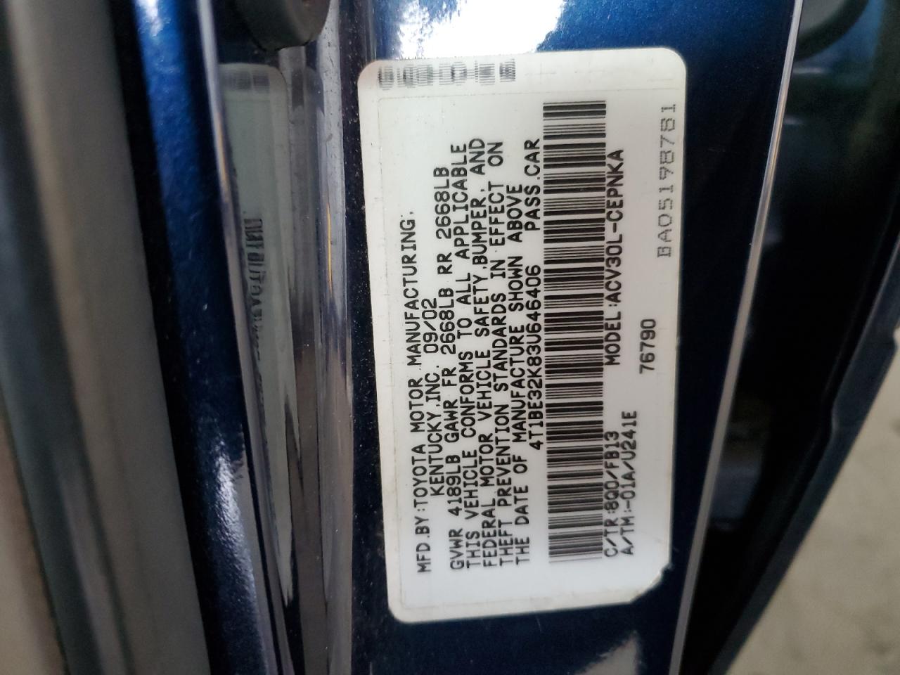 2003 Toyota Camry Le VIN: 4T1BE32K83U646406 Lot: 84437905