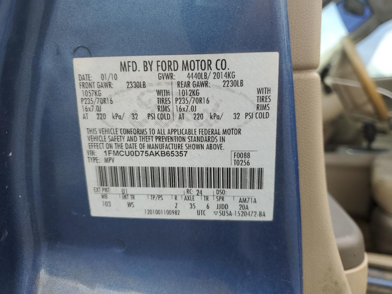 2010 Ford Escape Xlt VIN: 1FMCU0D75AKB65357 Lot: 85326115