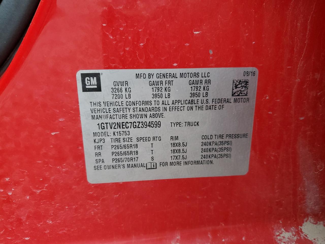 2016 GMC Sierra K1500 Slt VIN: 1GTV2NEC7GZ394599 Lot: 90264925