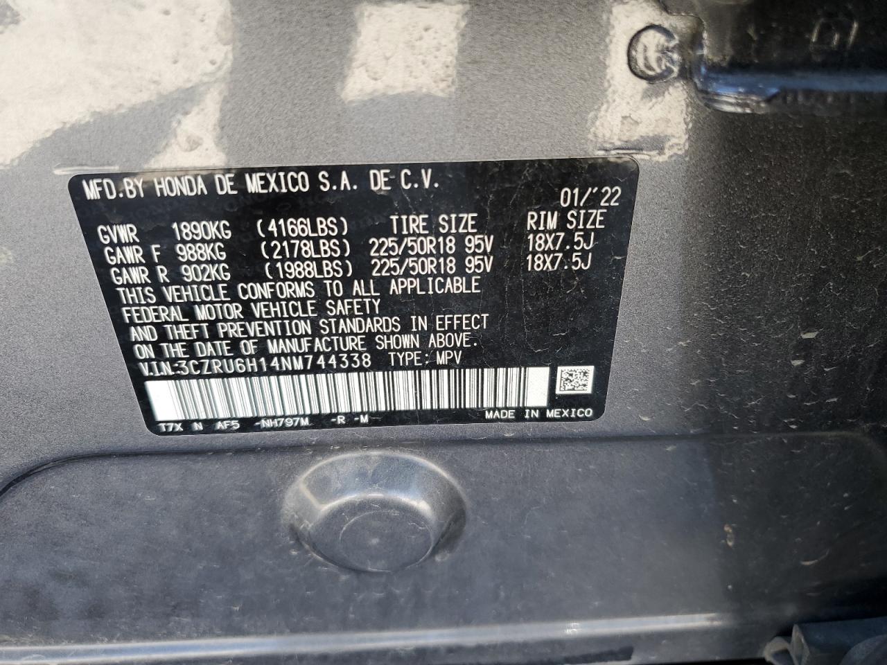 2022 Honda Hr-V Sport VIN: 3CZRU6H14NM744338 Lot: 85189115