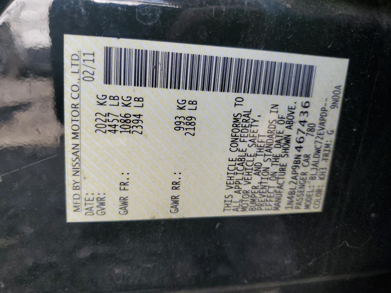 2011 Nissan Altima Sr VIN: 1N4BL2AP9BN467436 Lot: 84961365