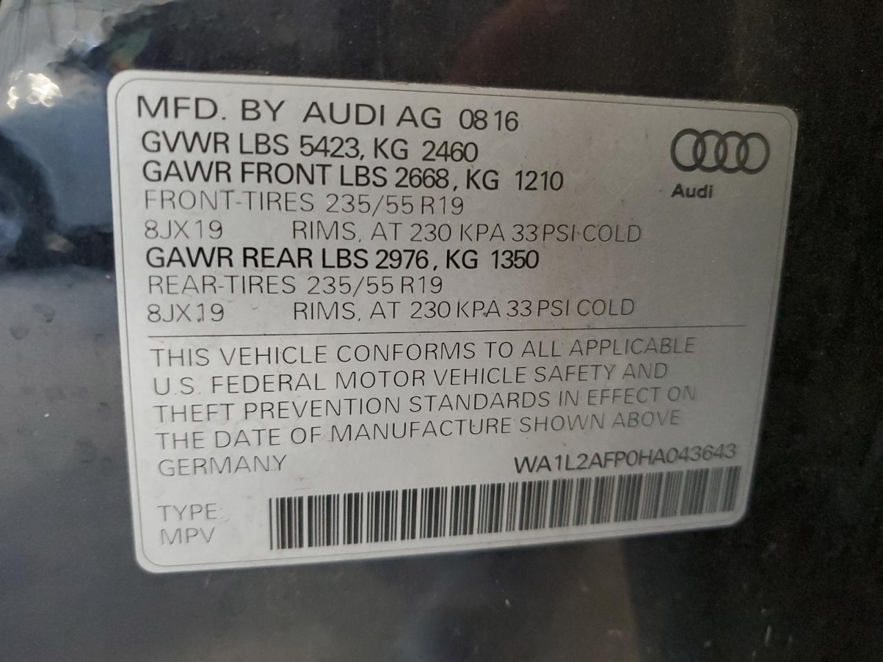 2017 Audi Q5 Premium Plus VIN: WA1L2AFP0HA043643 Lot: 84453095