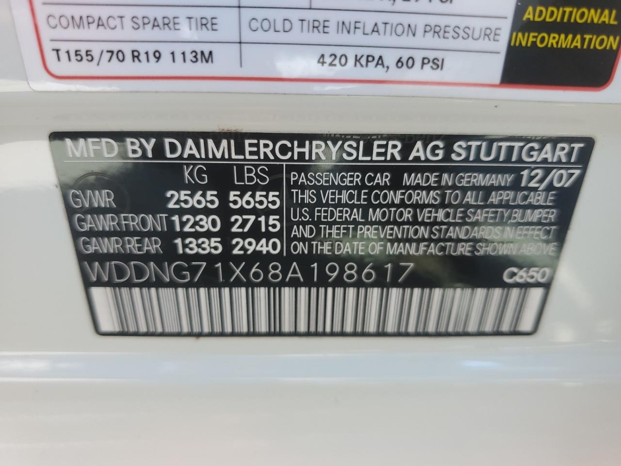 2008 Mercedes-Benz S 550 VIN: WDDNG71X68A198617 Lot: 87019605