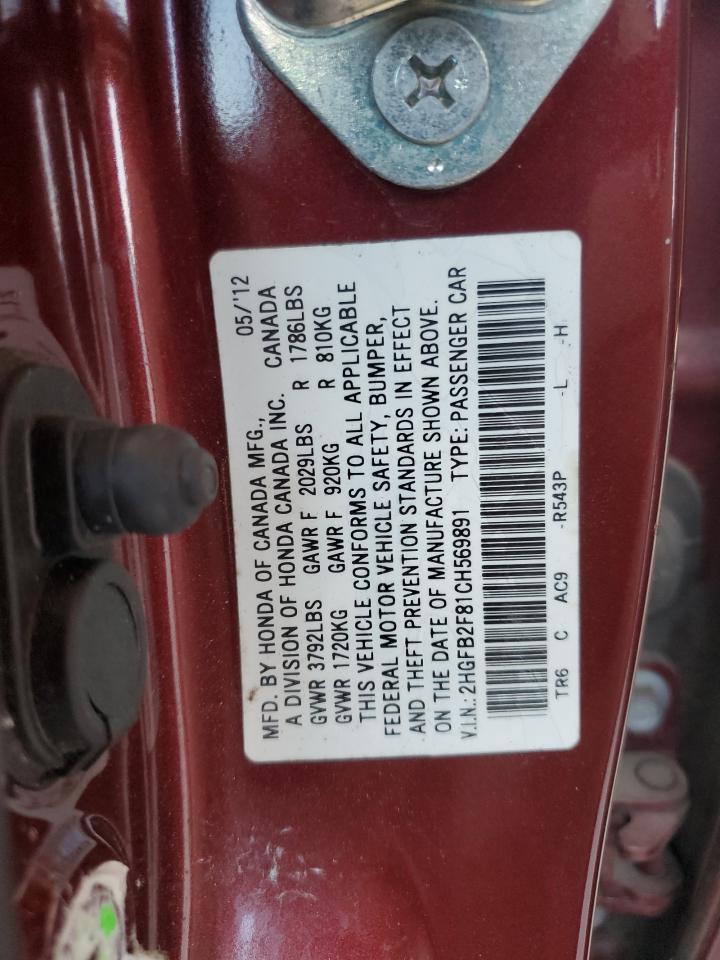 2012 Honda Civic Ex VIN: 2HGFB2F81CH569891 Lot: 85671405