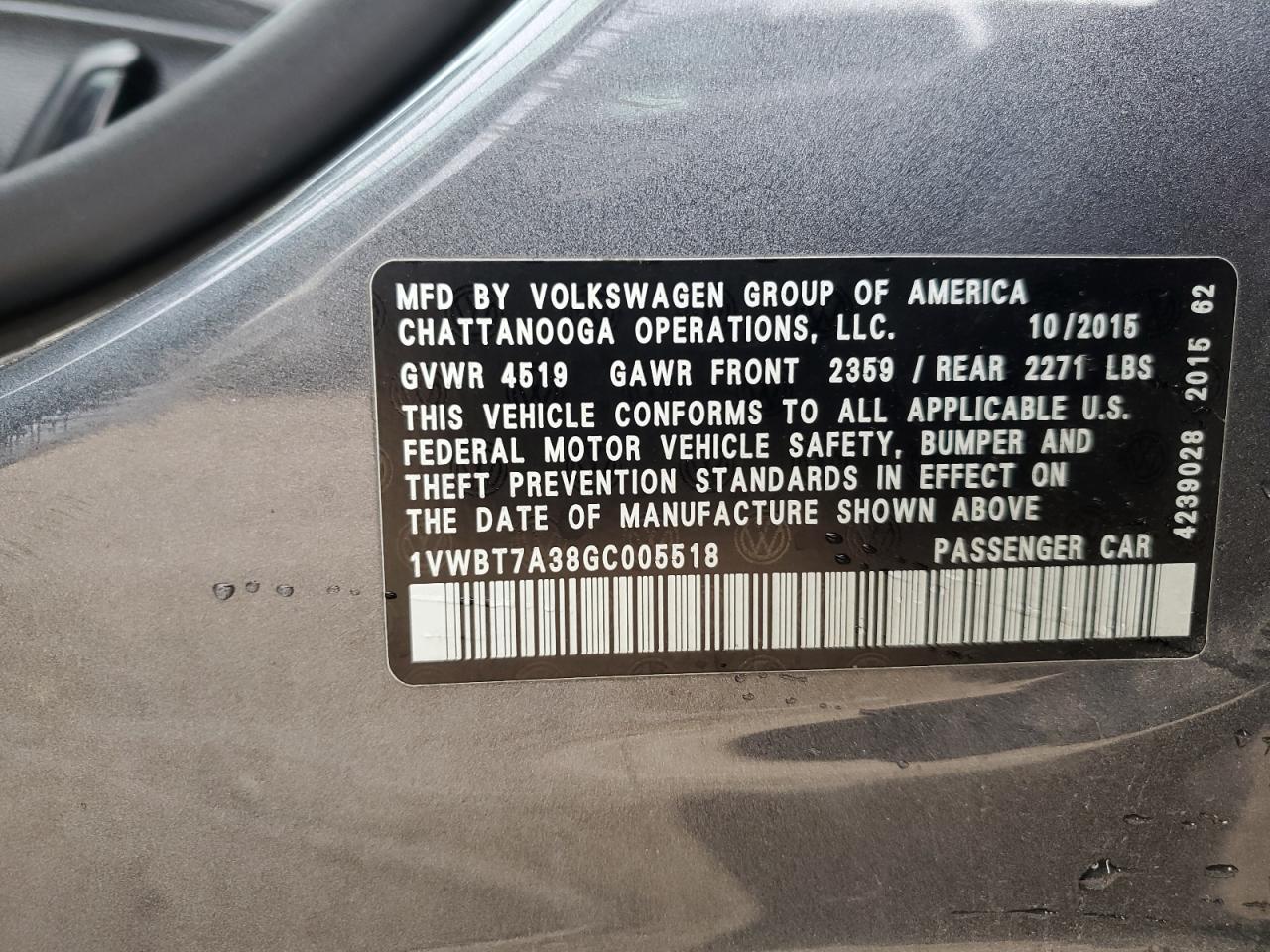 2016 Volkswagen Passat Se VIN: 1VWBT7A38GC005518 Lot: 85867825