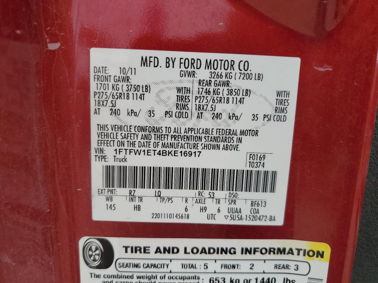 2011 Ford F150 Supercrew VIN: 1FTFW1ET4BKE16917 Lot: 85562345