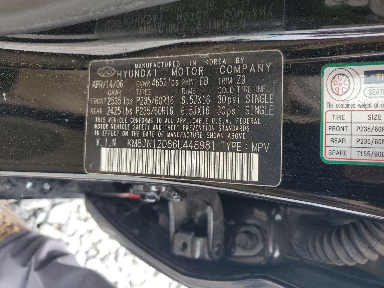 2006 Hyundai Tucson Gls VIN: KM8JN12D86U448981 Lot: 90098985