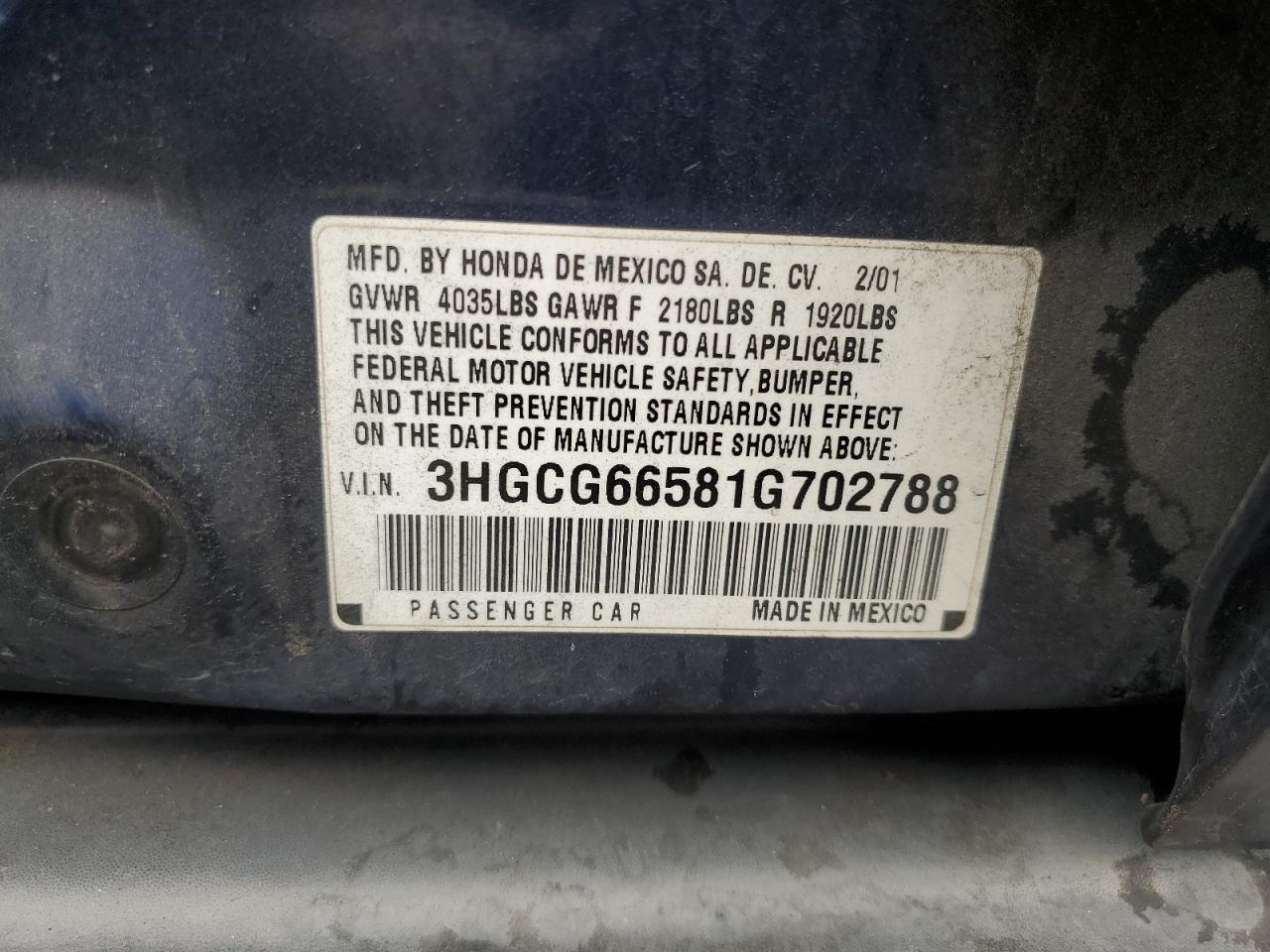 2001 Honda Accord Lx VIN: 3HGCG66581G702788 Lot: 84994675