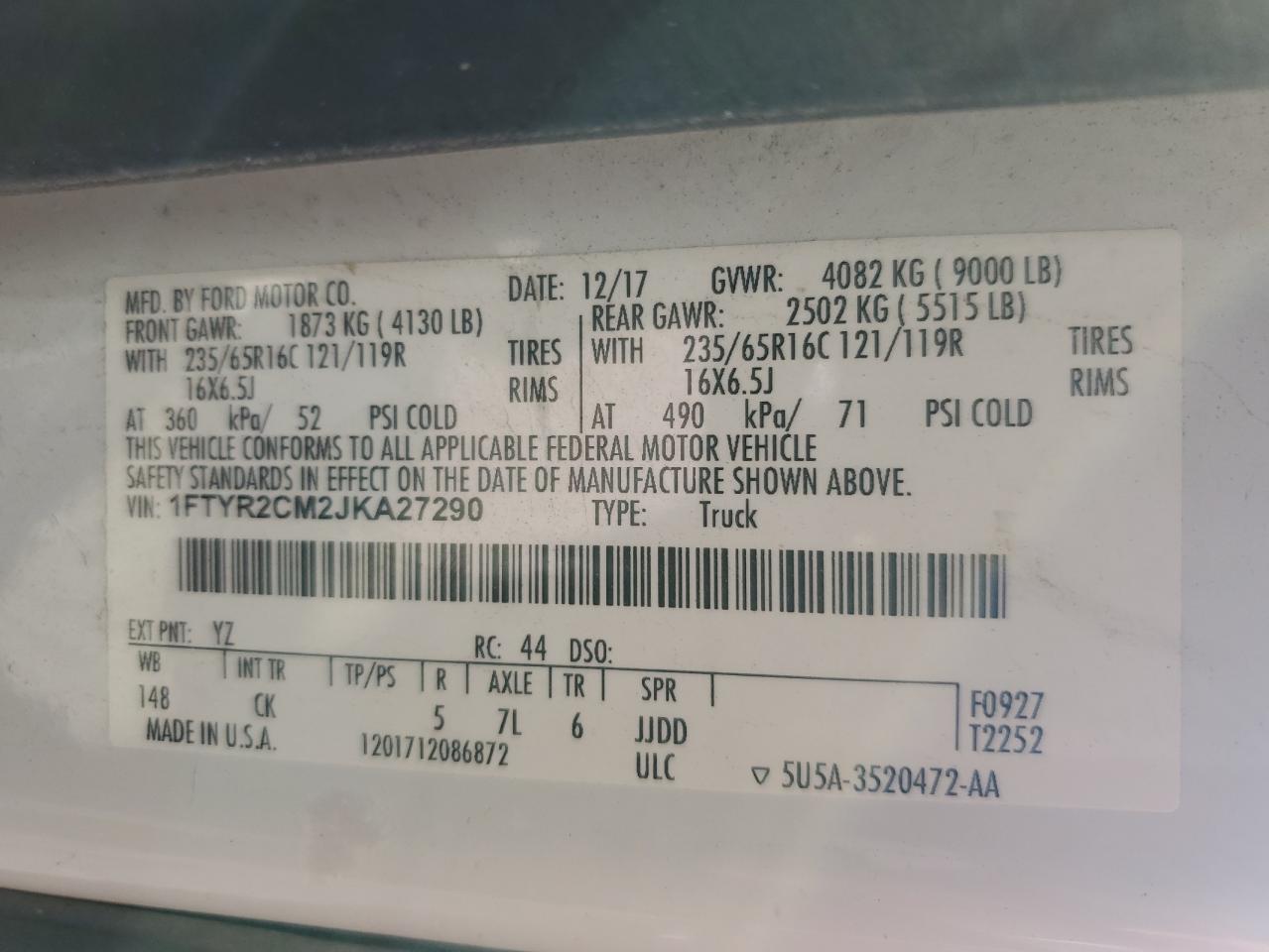 2018 Ford Transit T-250 VIN: 1FTYR2CM2JKA27290 Lot: 94198605