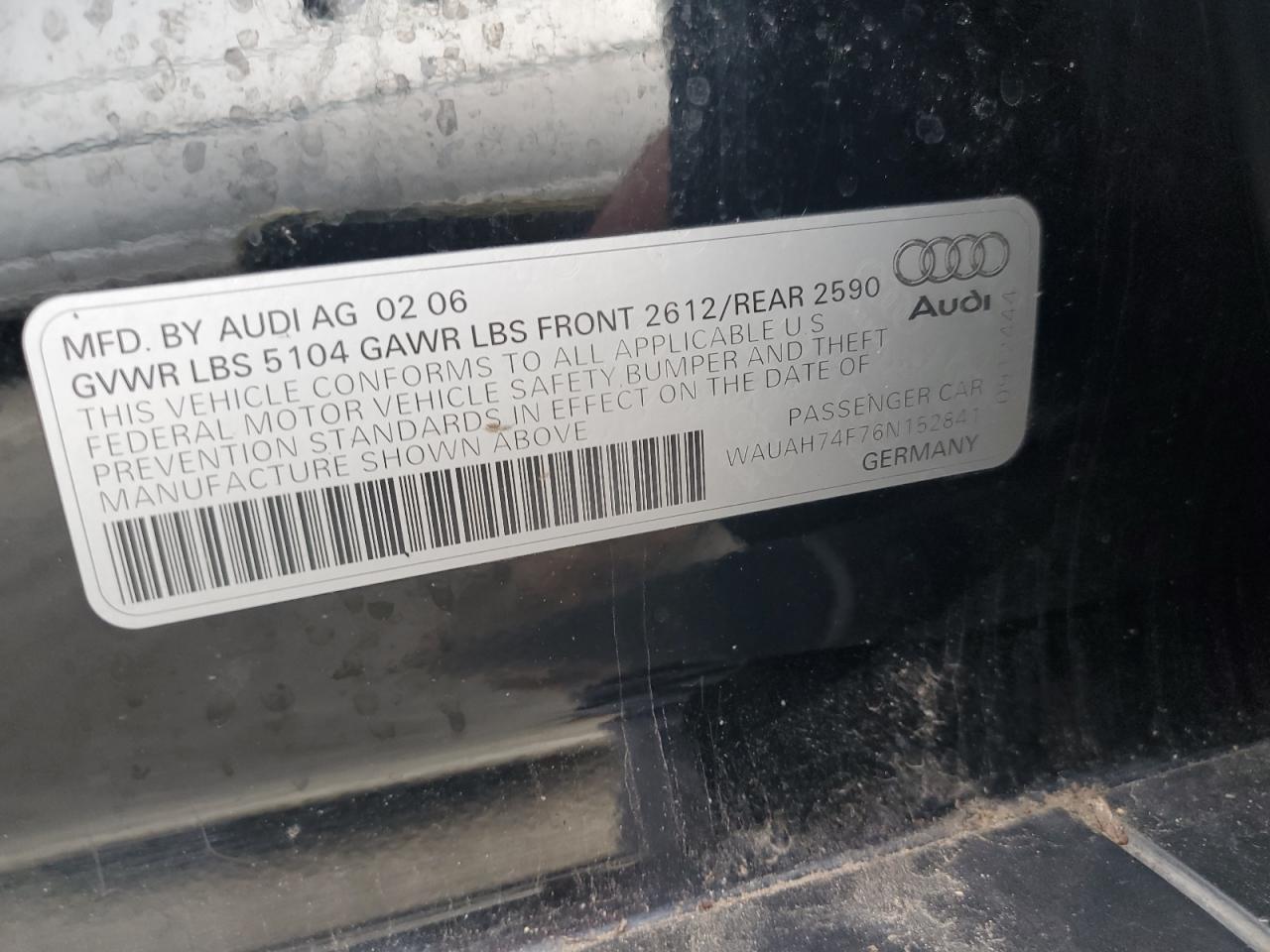 2006 Audi A6 3.2 VIN: WAUAH74F76N152841 Lot: 90274095