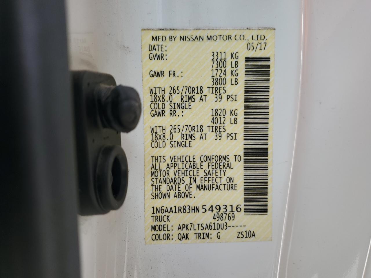 2017 Nissan Titan S VIN: 1N6AA1R83HN549316 Lot: 86829385