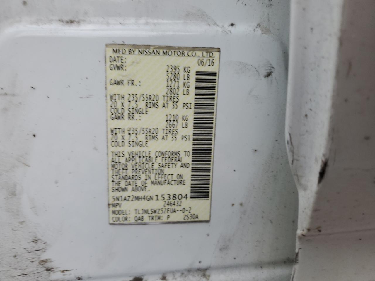 2016 Nissan Murano S VIN: 5N1AZ2MH4GN153804 Lot: 82156515