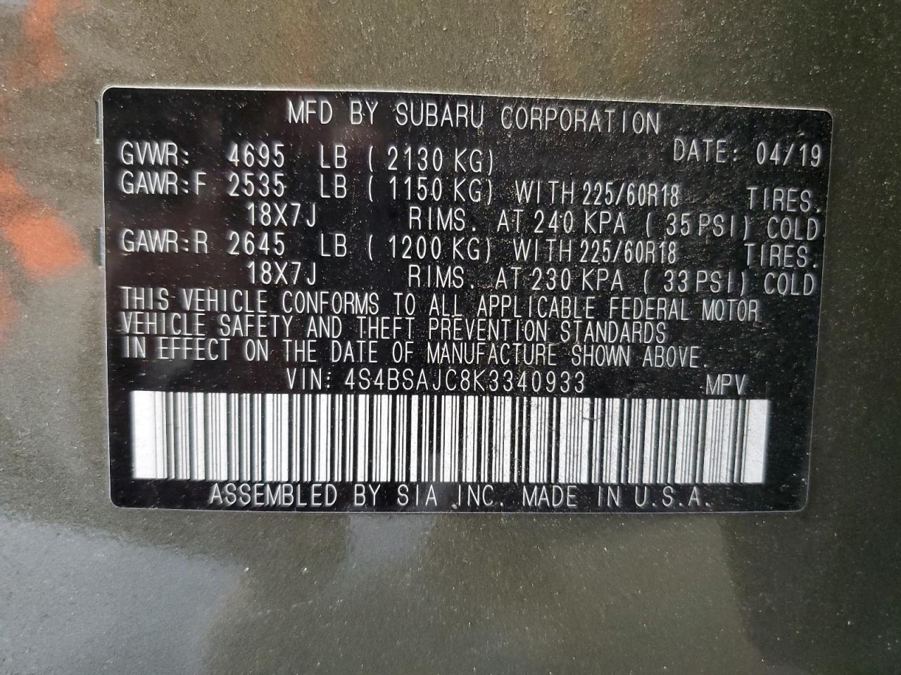2019 Subaru Outback 2.5I Limited VIN: 4S4BSAJC8K3340933 Lot: 82332965