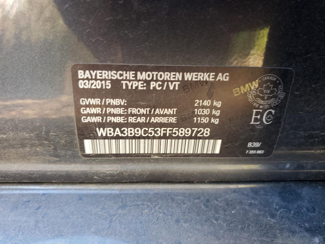 2015 BMW 335 Xi VIN: WBA3B9C53FF589728 Lot: 84806395