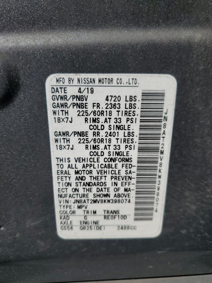 2019 Nissan Rogue S VIN: JN8AT2MV8KW398074 Lot: 85760525