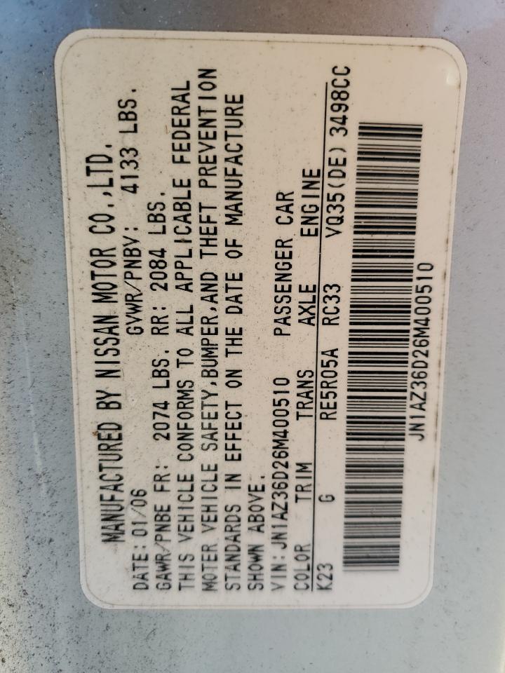 2006 Nissan 350Z Roadster VIN: JN1AZ36D26M400510 Lot: 82241565