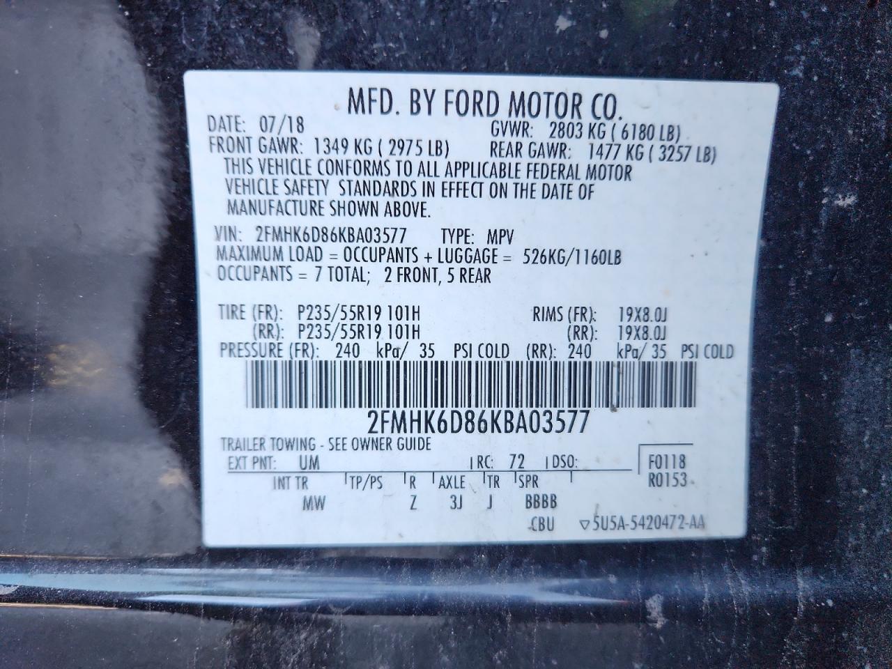 2019 Ford Flex Limited VIN: 2FMHK6D86KBA03577 Lot: 82692925