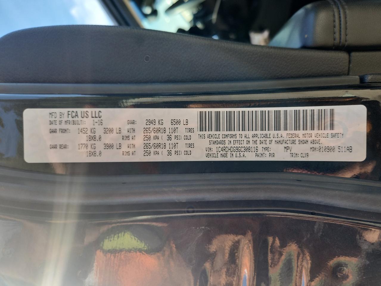 2016 Dodge Durango Limited VIN: 1C4RDHDG9GC308116 Lot: 82673985