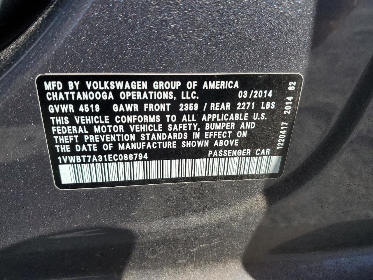 2014 Volkswagen Passat Se VIN: 1VWBT7A31EC086794 Lot: 82190225