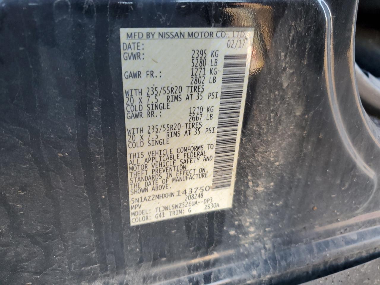 2017 Nissan Murano S VIN: 5N1AZ2MHXHN143750 Lot: 82266815