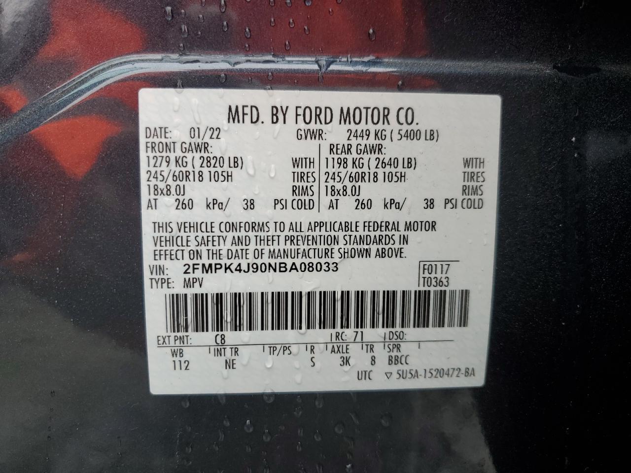 2022 Ford Edge Sel VIN: 2FMPK4J90NBA08033 Lot: 90666415