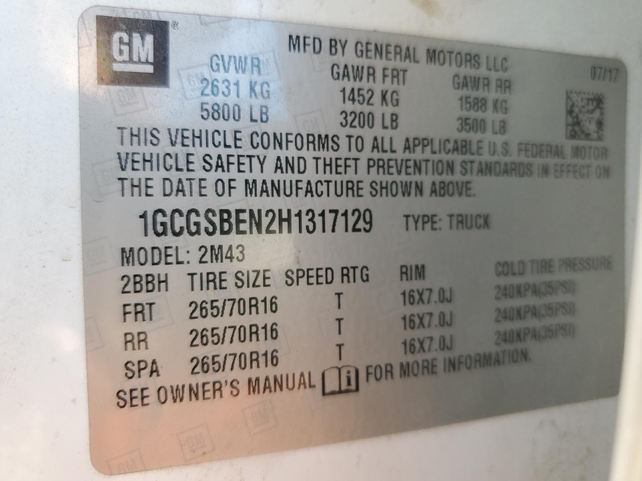 2017 Chevrolet Colorado VIN: 1GCGSBEN2H1317129 Lot: 86268855