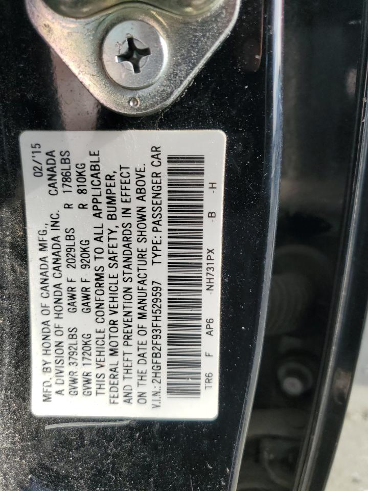 2015 Honda Civic Exl VIN: 2HGFB2F93FH529597 Lot: 84737105