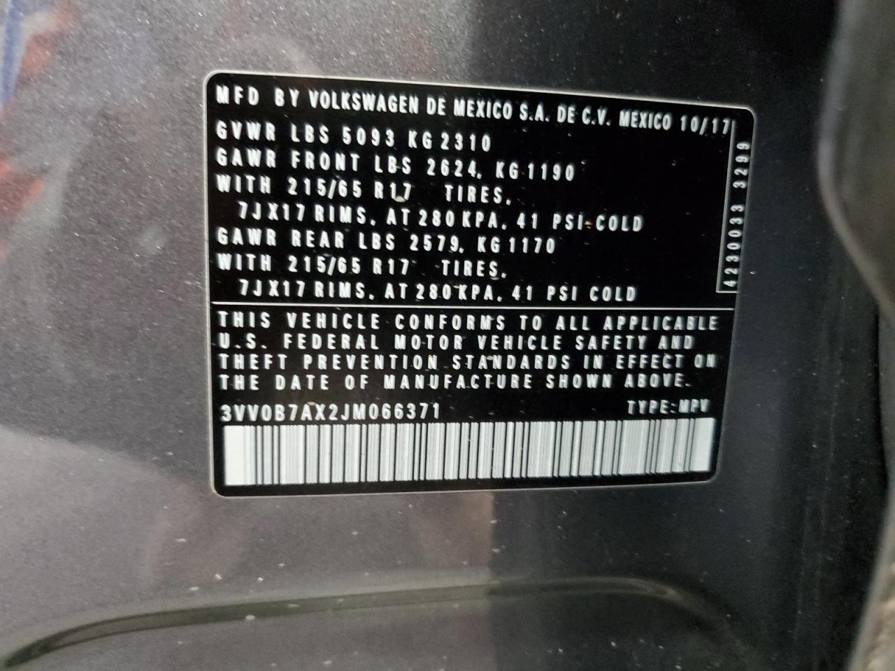 2018 Volkswagen Tiguan S VIN: 3VV0B7AX2JM066371 Lot: 85727385