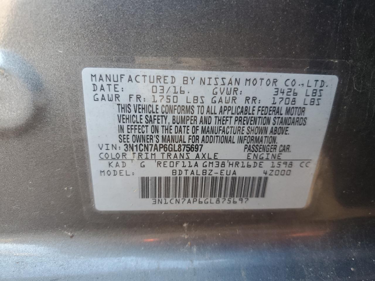 2016 Nissan Versa S VIN: 3N1CN7AP6GL875697 Lot: 87007265