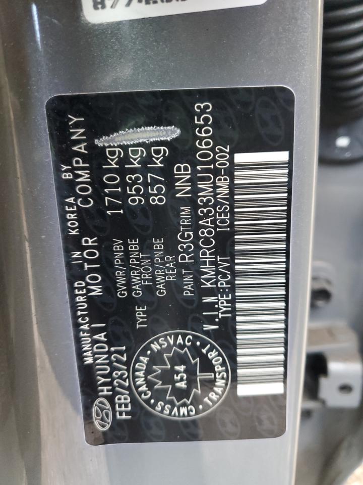 2021 Hyundai Venue Sel VIN: KMHRC8A33MU106653 Lot: 89634345