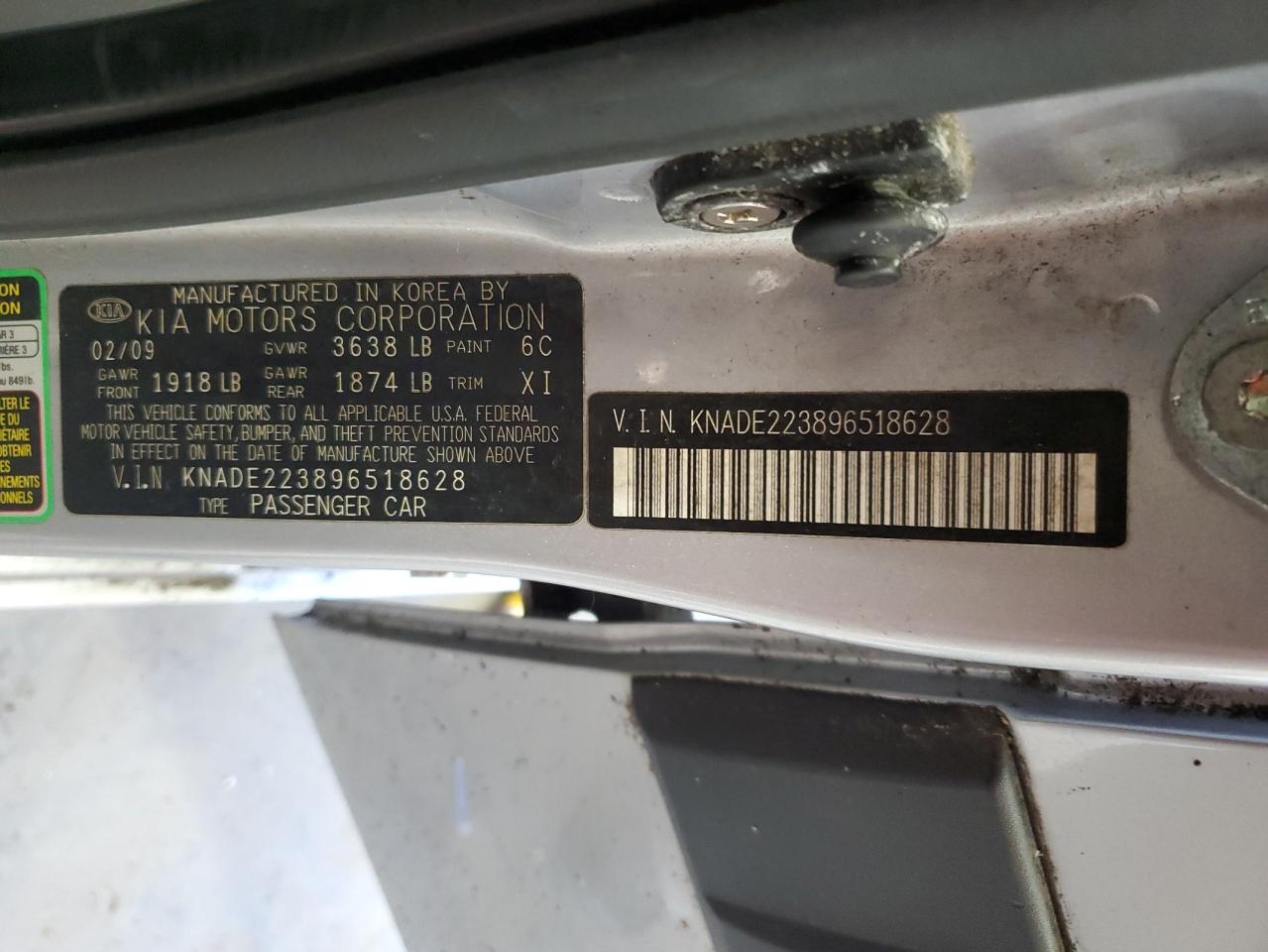 2009 Kia Rio Base VIN: KNADE223896518628 Lot: 90951995