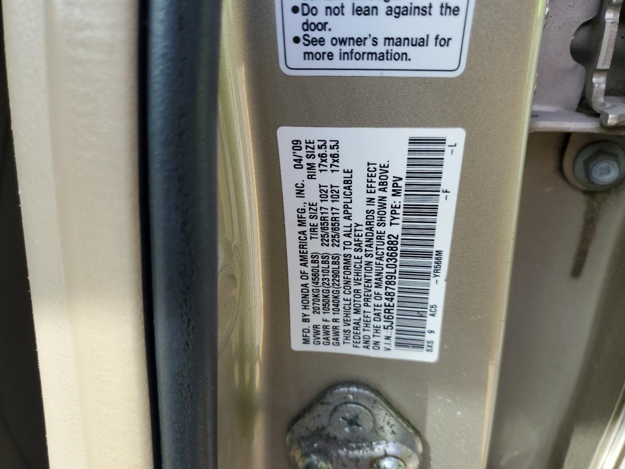 2009 Honda Cr-V Exl VIN: 5J6RE48789L036882 Lot: 86499065